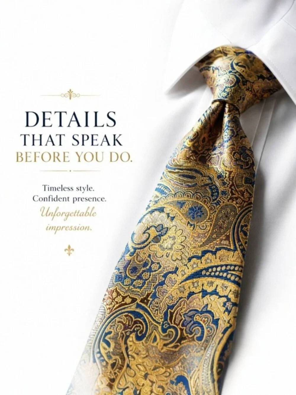 Mens Blue Gold Baroque Paisley Silk Tie Luxury Woven Jacquard Formal Necktie